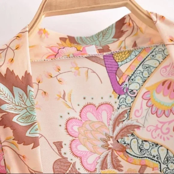 Beige Boho Multi Color Floral Peacock Short Kimono - Picture 10 of 10